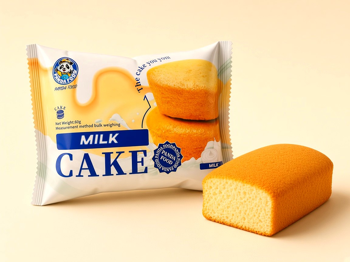 Olemo Panda Milk Cake pack beside a cut sponge slice