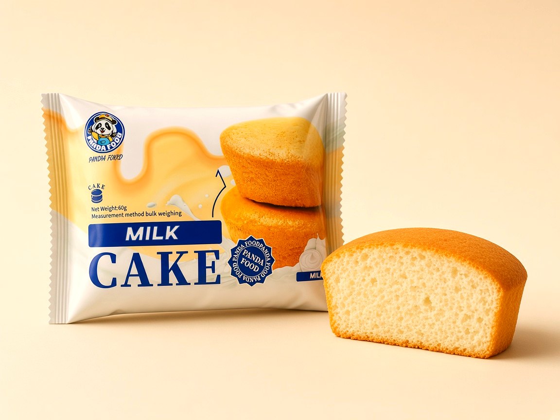 Olemo Panda Milk Cake pack beside a cut sponge cake